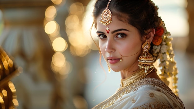 Saree Splendor A elegância clássica de uma noiva em branco e dourado