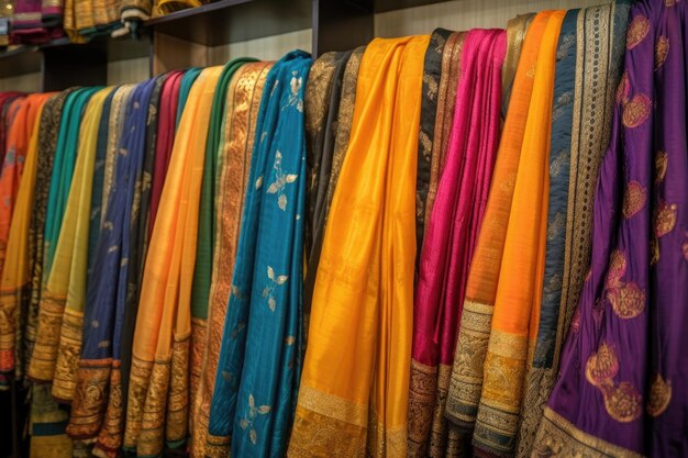 Saris de seda indianos variados em uma loja criada com AI generativa