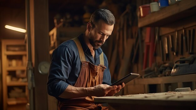 Sarpenter sitzt in seiner Werkstatt und nutzt ein digitales Tablet, das mit generativer KI-Technologie erstellt wurde