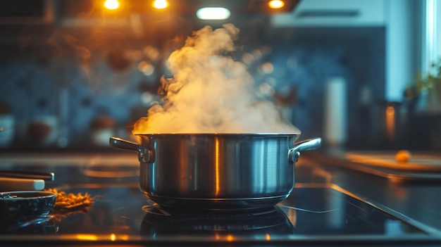 Foto una sartén de acero inoxidable en una estufa de inducción con vapor que se eleva y un brillo cálido de la cocina