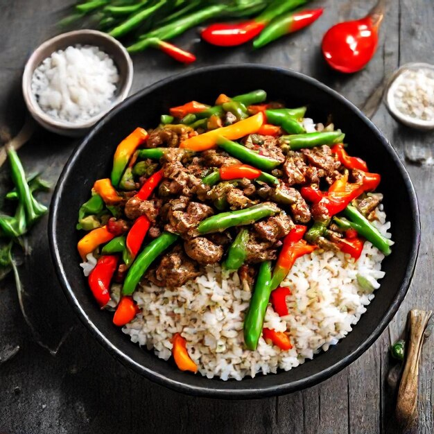 una sartén de arroz con carne, verduras y arroz