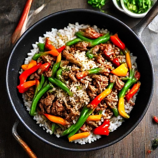 una sartén de arroz con carne, verduras y arroz