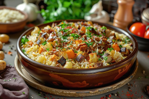 una sartén de arroz con un cuenco de arroz y verduras