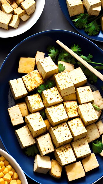 una sartén azul llena de plato de tofu con un chopstick