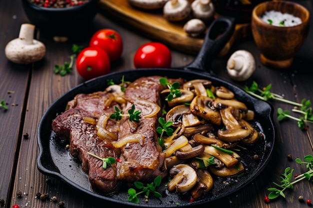 Foto una sartén de bistec con setas y setas en ella