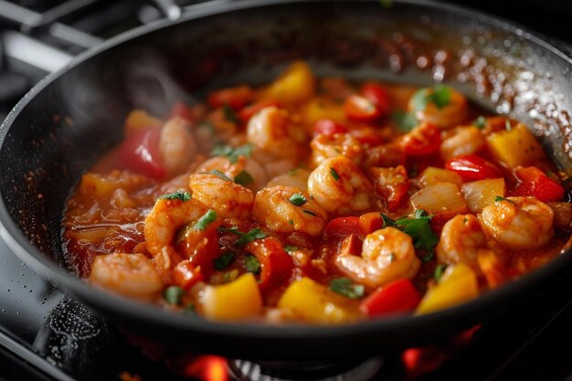 una sartén con camarones y verduras cocinando en una estufa