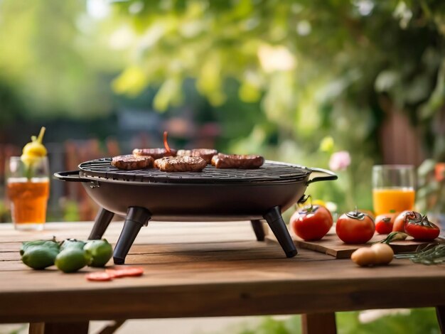 una sartén de carne está en una mesa con un vaso de jugo