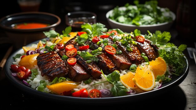 una sartén de carne a la parrilla con verduras y limones