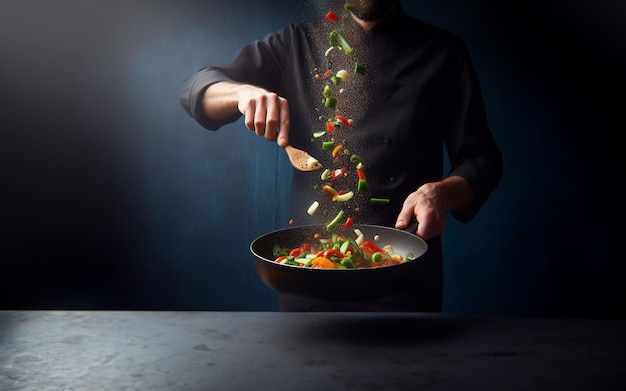 La sartén y el chef cocinan en tonos oscuros.