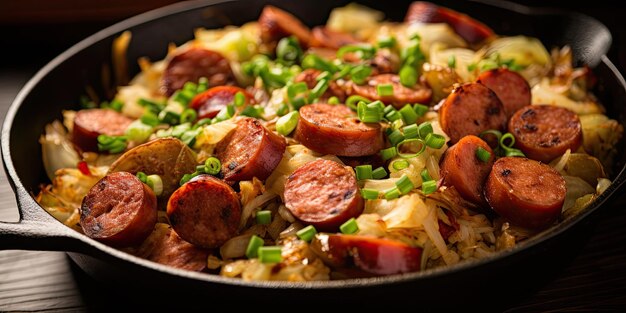 Foto una sartén chisporroteante llena de repollo y kielbasa una deliciosa fusión de sabores que te transporta