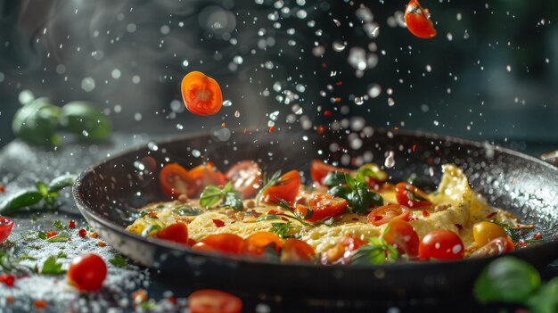 Una sartén chisporroteante con una tortilla volviendo verduras en el aire