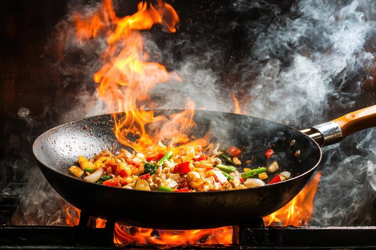 Una sartén de comida se está cocinando en una estufa con humo y llamas
