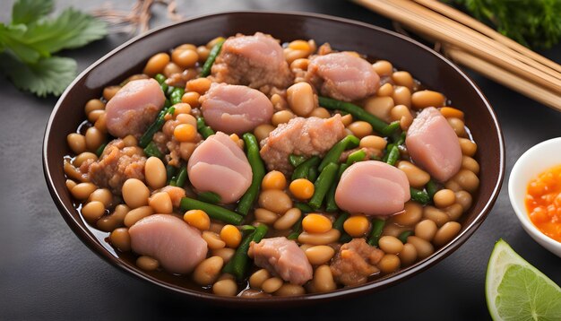 una sartén de comida con frijoles de arroz y frijoles verdes