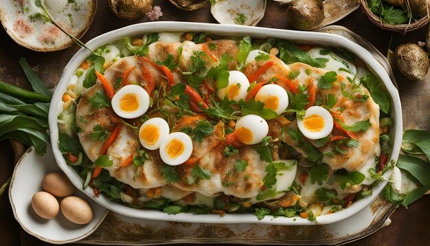 una sartén de comida con huevos y verduras, incluidos los huevos