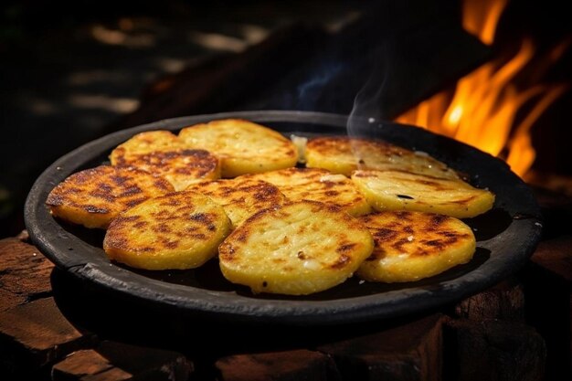 Foto una sartén de comida que se ha cocinado en una parrilla