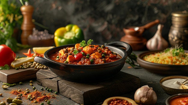 una sartén de comida con verduras y especias