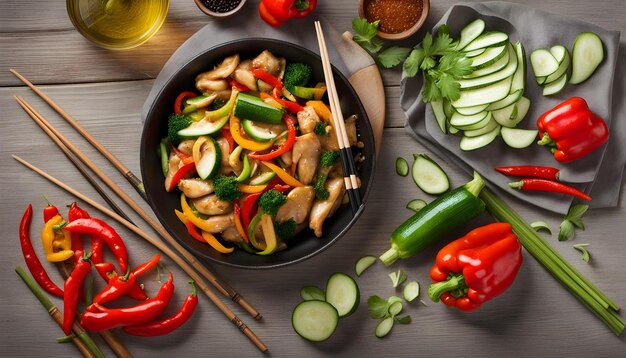 Foto una sartén de comida con verduras y una sarté de comida en ella