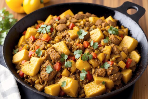 Una sartén de curry con carne y verduras.