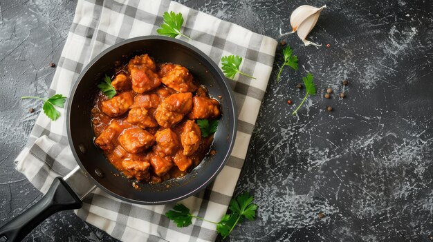 Foto sartén con delicioso pollo tikka masala en la servilleta