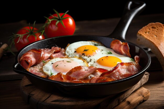 Sartén con desayuno inglés en la mesa de madera de cerca