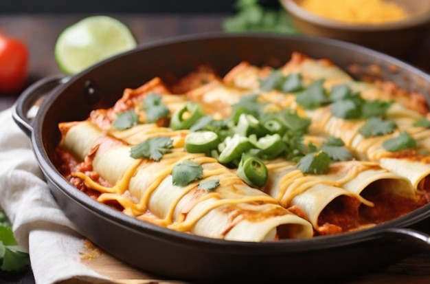 Una sartén de enchiladas hechas a mano con salsa y queso en la parte superior