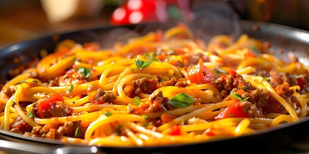 Foto una sartén de espagueti bolognese cubierta con salsa de carne lista para servir concepto cocina italiana platos de pasta comida de confort