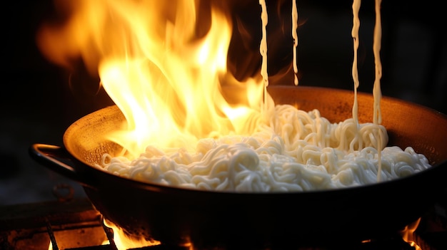 Foto una sartén de fideos está cocinando en una sartén con llamas