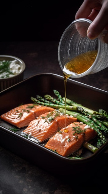 Foto una sartén de filetes de salmón que se vierte sobre los espárragos.