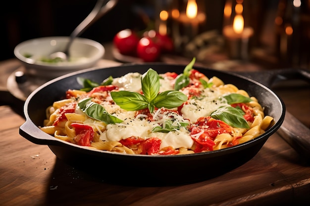 Foto la sartén de hierro ardiente tiene fettuccine