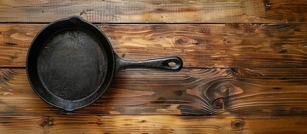 La sartén de hierro en la mesa de la cocina de grano de madera ligera