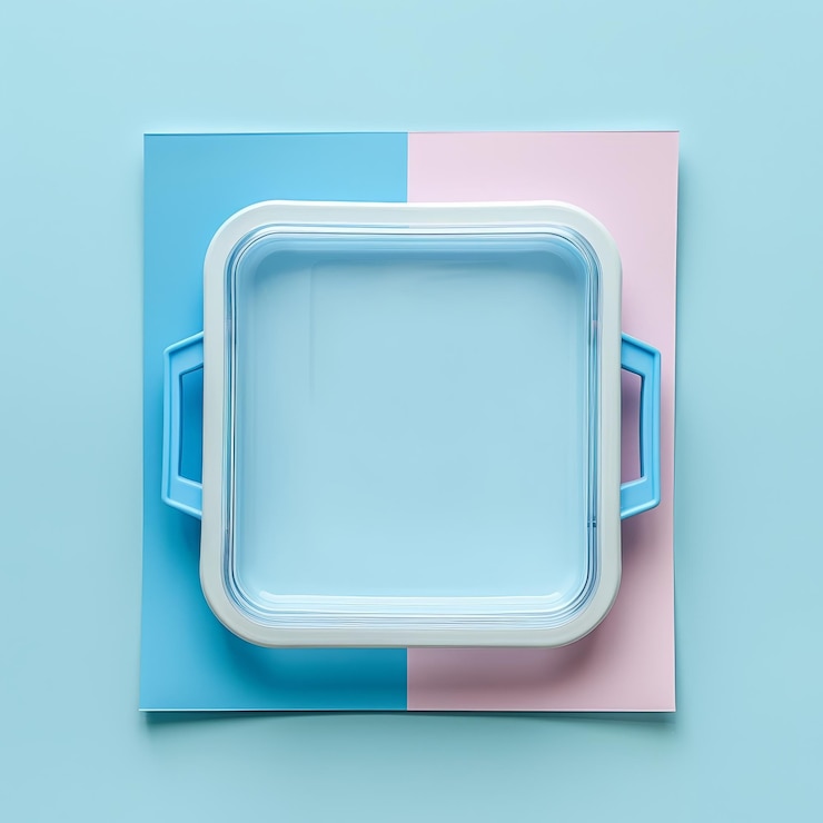 Foto sartén de hornear cuadrada blanca con manijas azules sobre un fondo azul y rosa