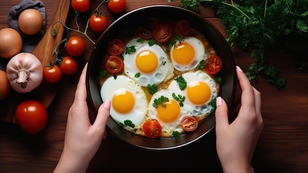 Sartén con huevos cocidos hierbas queso tomates Ilustración AI GenerativexA