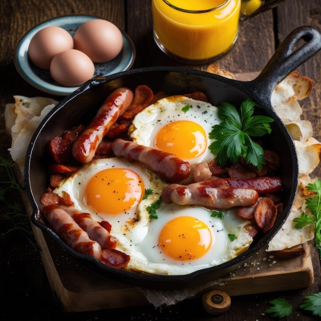 Una sartén de huevos con tocino y huevos en una mesa de madera