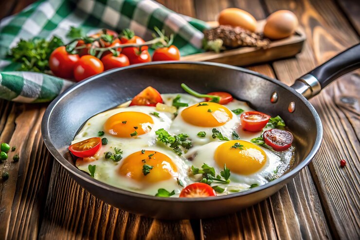 Foto una sartén de huevos con tomates y tomates en ella