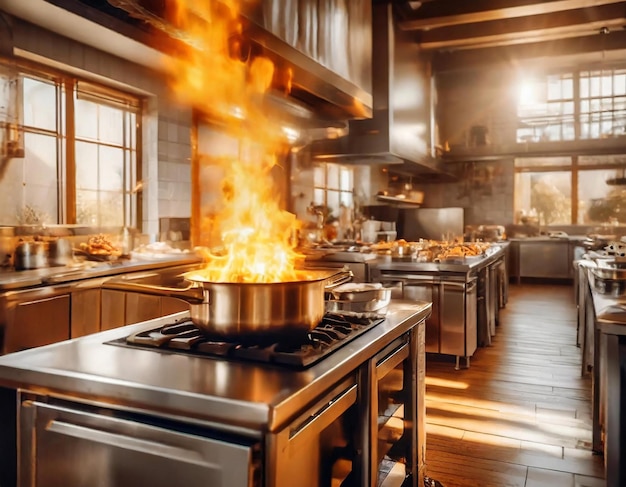 Foto una sartén en llamas en la cocina.