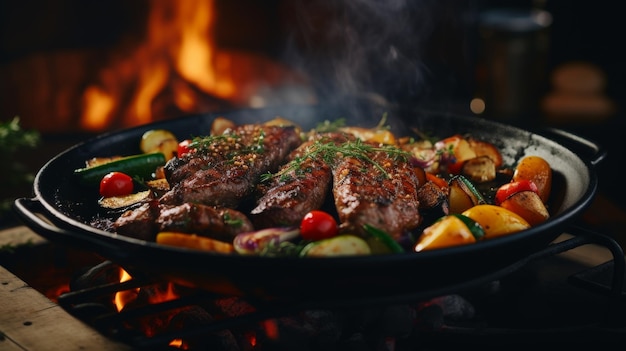 Una sartén llena de carne y verduras encima de una estufa