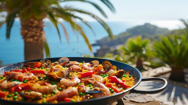 Foto una sartén llena de comida en la mesa una deliciosa comida lista para disfrutar