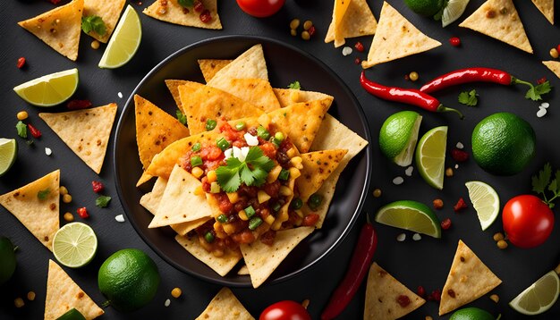 una sartén de nachos con pimientos tomates y salsa