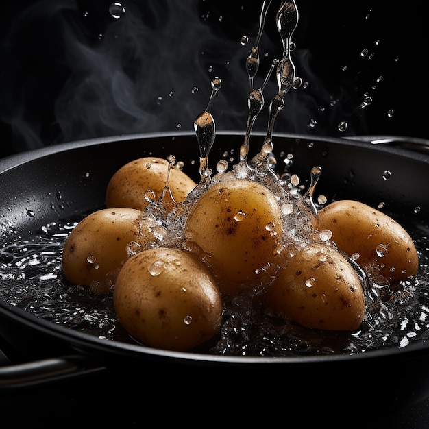 sartén negra con patatas crudas y gotas de agua