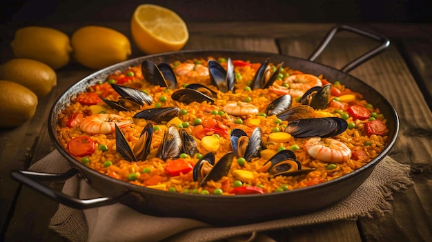 Una sartén de paella con mariscos y verduras