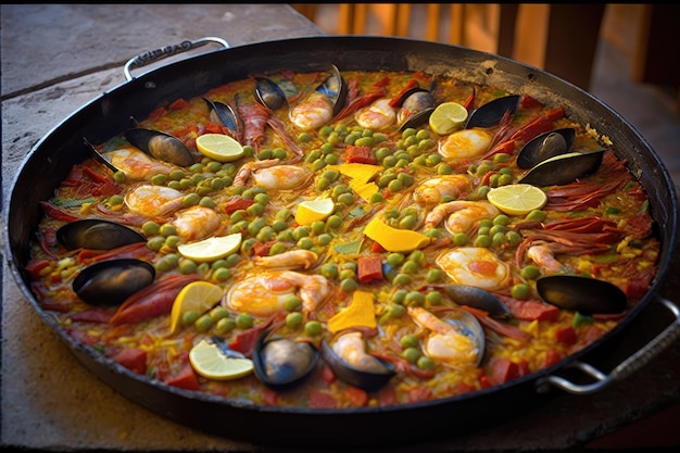 Una sartén de paella con mariscos y verduras