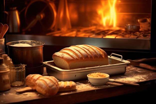 Una sartén de pan está en una mesa junto a una chimenea.