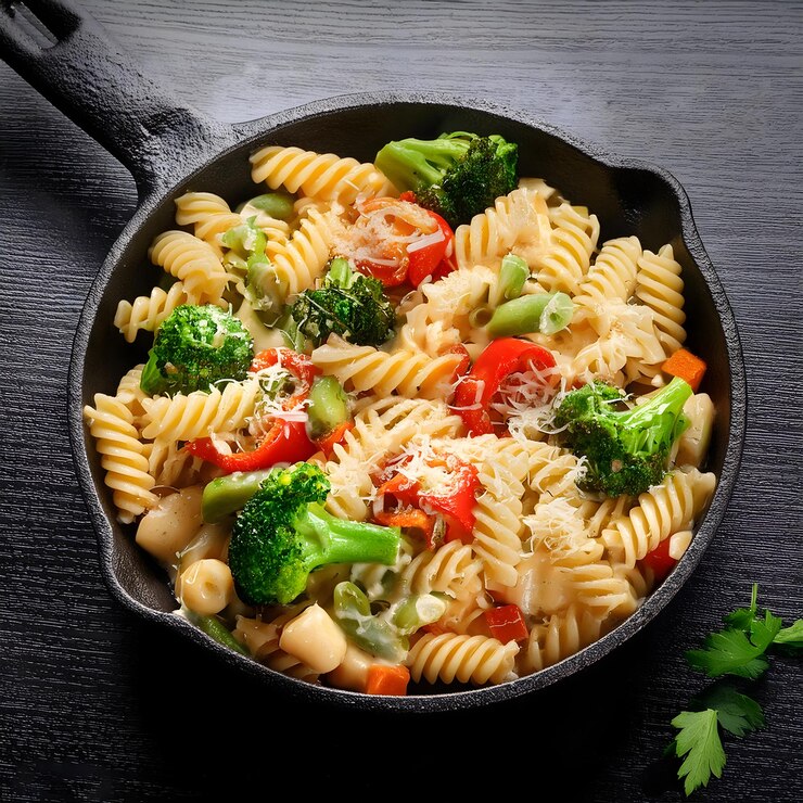 sartén de pasta con brócoli, apio y tomate