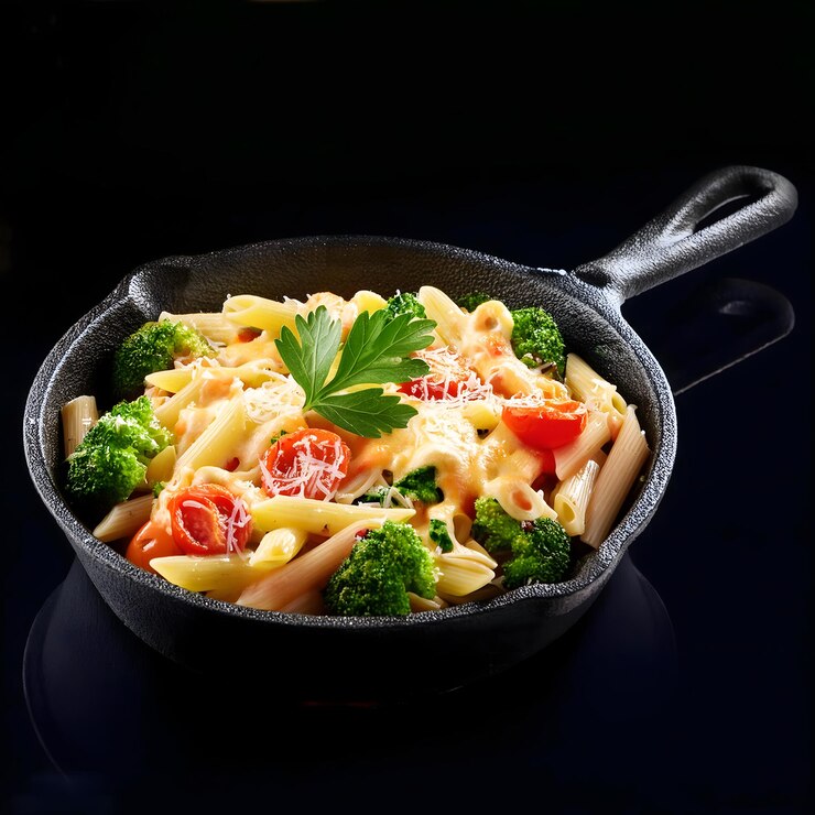 sartén de pasta con brócoli y tomate
