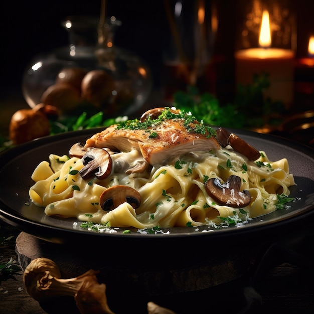 Una sartén de pasta con champiñones y champiñones sobre una mesa