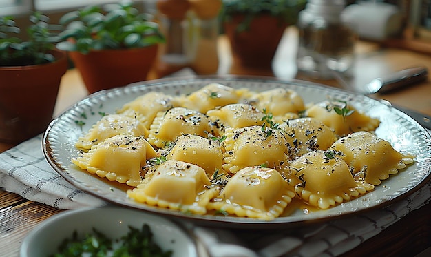 una sartén de pasta con hierbas y hierbas en ella