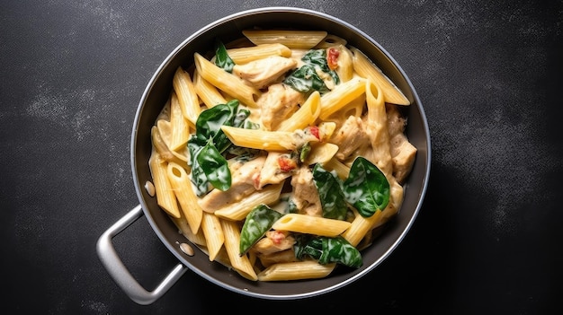 Una sartén de pasta penne con pollo y espinacas.