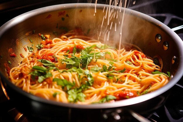 Foto una sartén de pasta con salsa de tomate y perejil