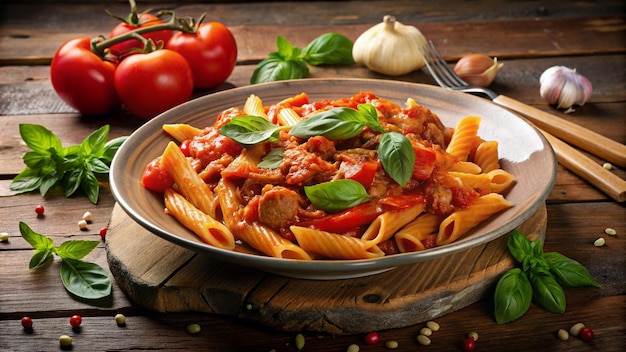 una sartén de pasta con tomates, queso y albahaca