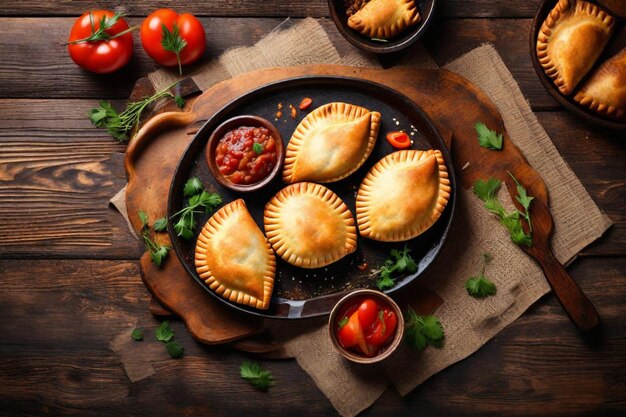 una sartén de pasteles con tomates y hierbas en un fondo de madera